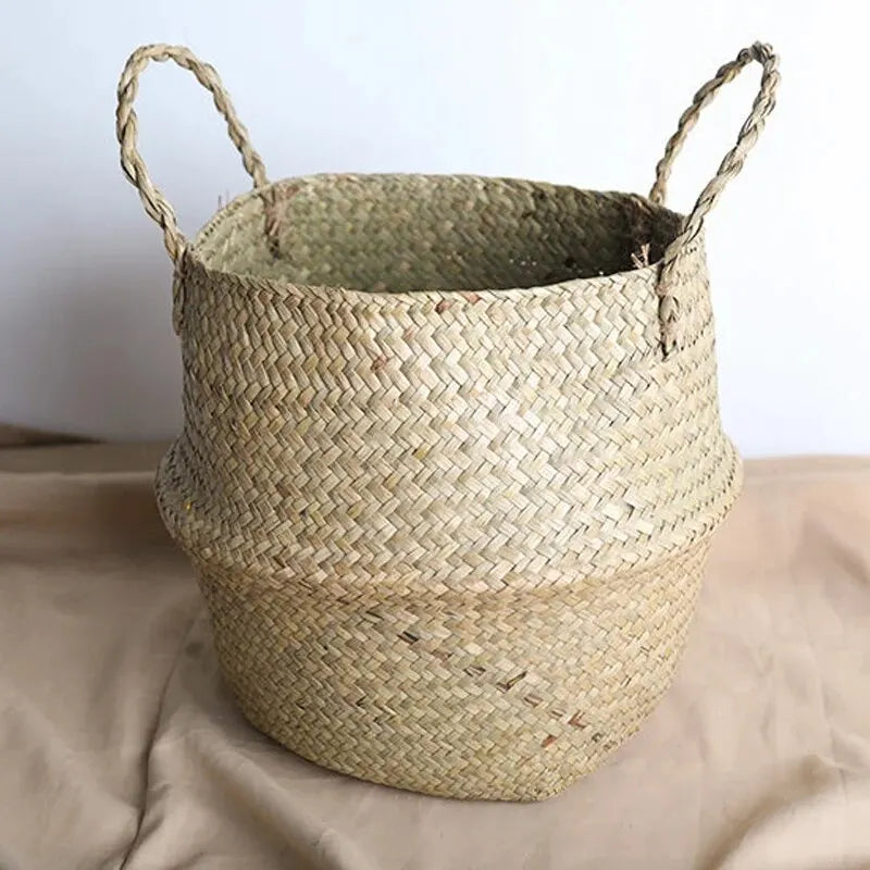 Wicker Basket Toy Organizer Folding Rattan Seagrass Storage Basket