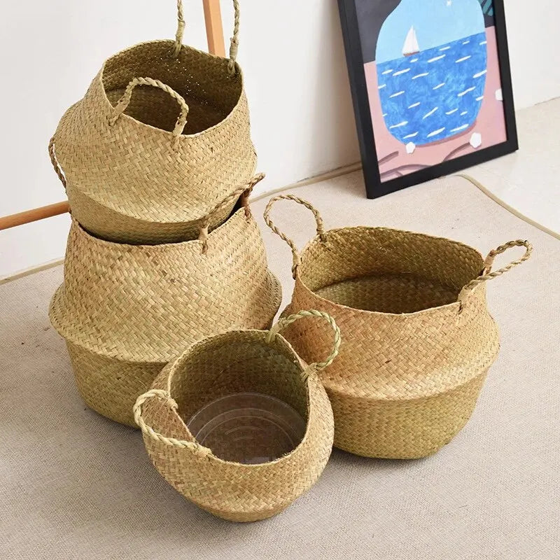 Wicker Basket Toy Organizer Folding Rattan Seagrass Storage Basket